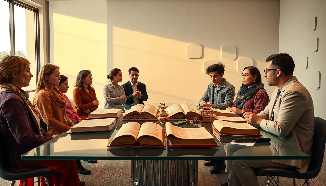diverse historians discussing ancient artifacts in a modern office.
